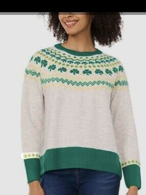 Vince Camuto White Sweater with Green & Yellow Fair Isle Yoke
